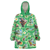 Hawaii Map with Plumeria Flower and Palaka Pattern Wearable Blanket Hoodie Tropical Island Green Design