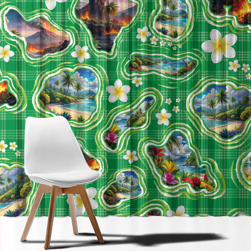 Hawaii Map with Plumeria Flower and Palaka Pattern Window Curtain Tropical Island Green Design