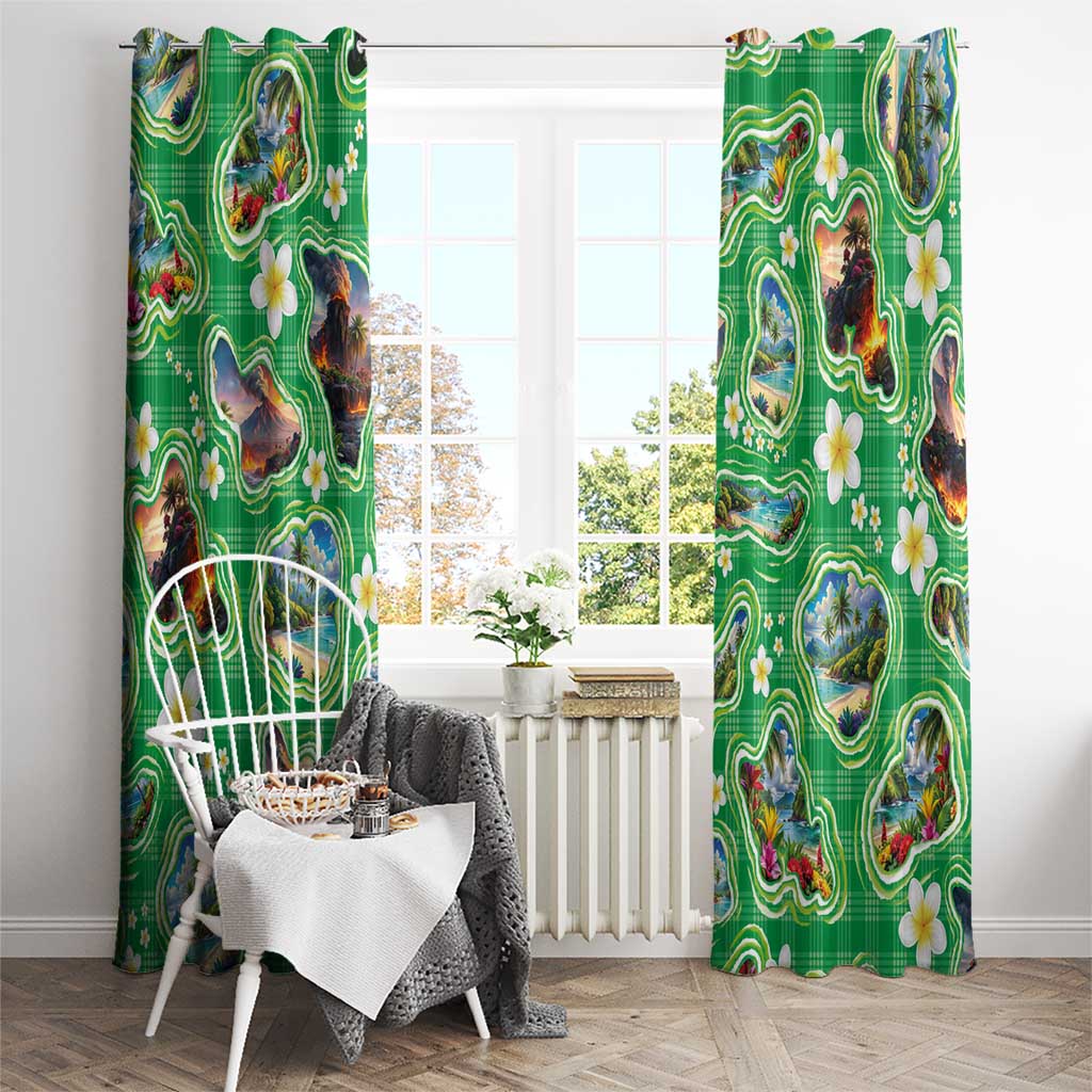 Hawaii Map with Plumeria Flower and Palaka Pattern Window Curtain Tropical Island Green Design