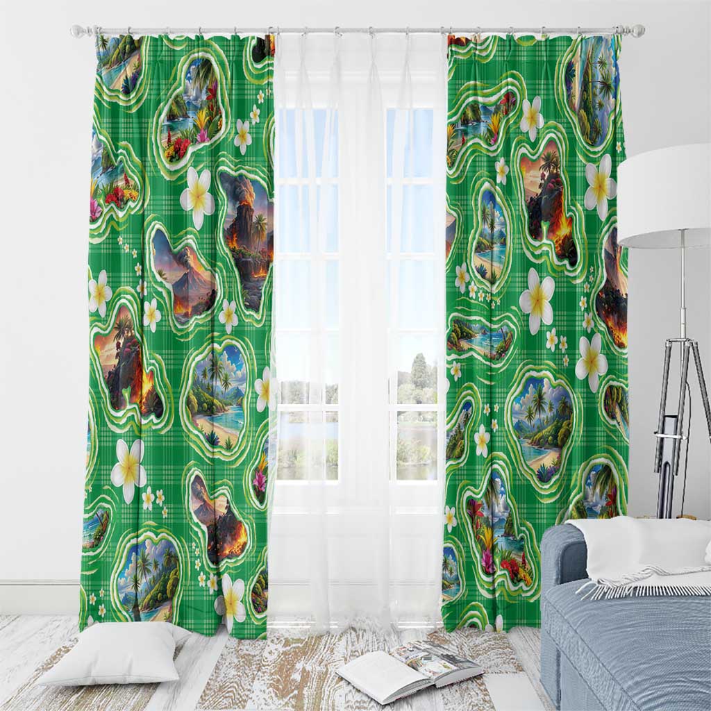 Hawaii Map with Plumeria Flower and Palaka Pattern Window Curtain Tropical Island Green Design