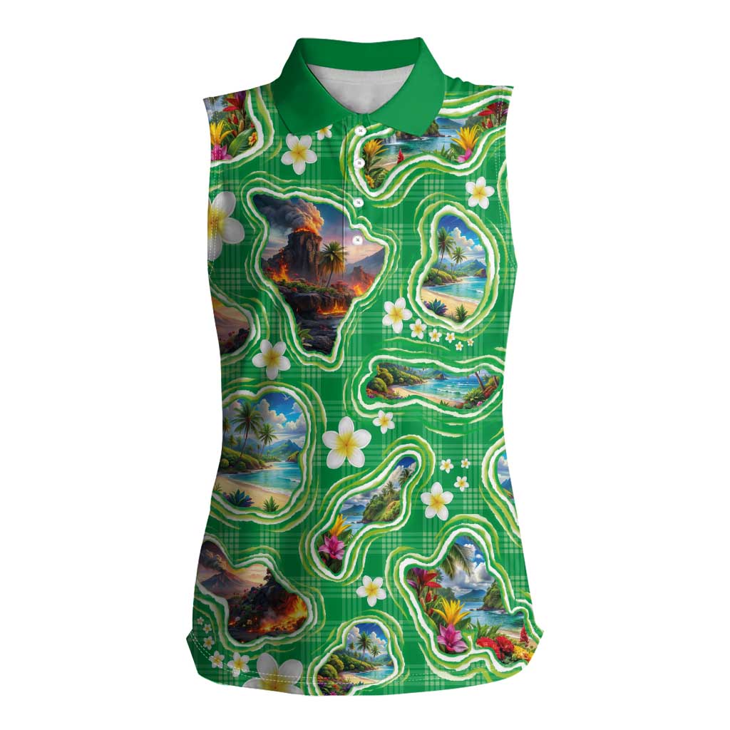 Hawaii Map with Plumeria Flower and Palaka Pattern Women Sleeveless Polo Shirt Tropical Island Green Design