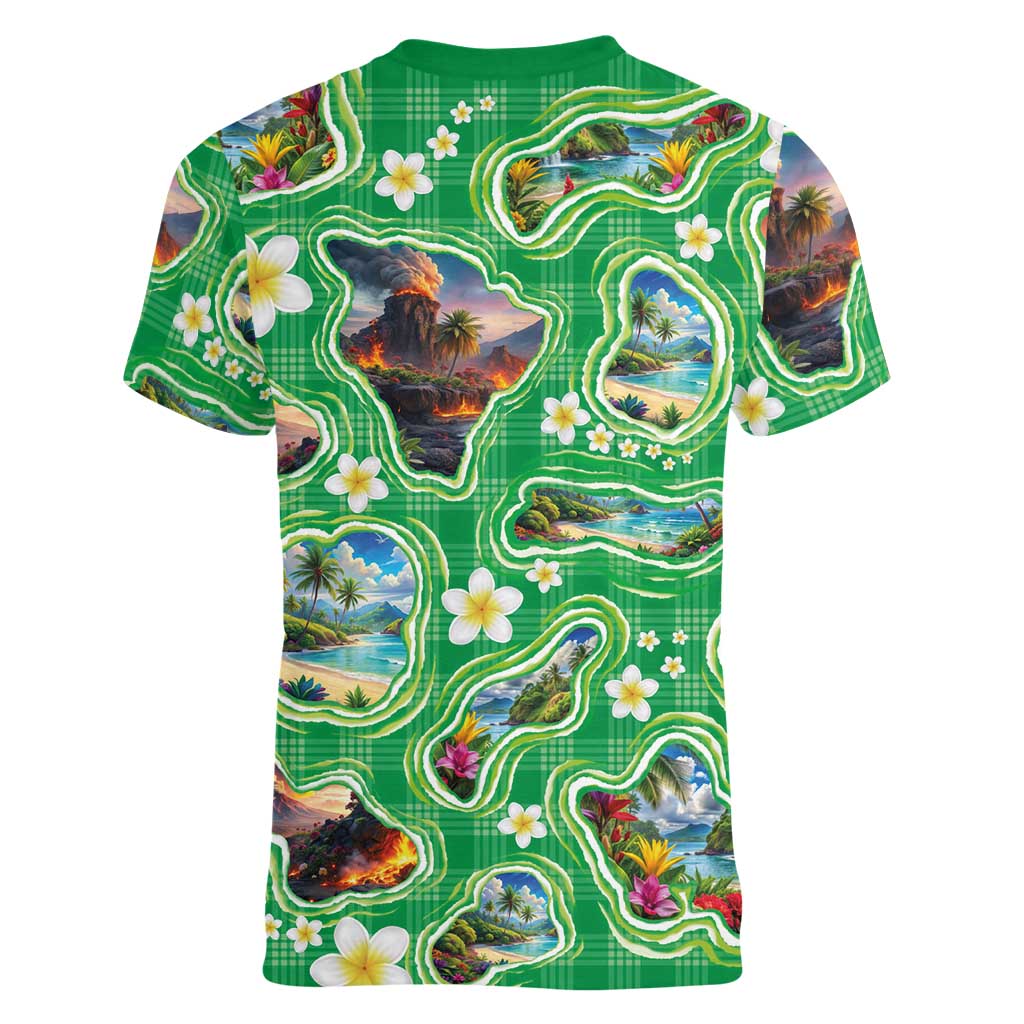 Hawaii Map with Plumeria Flower and Palaka Pattern Women V-Neck T-Shirt Tropical Island Green Design