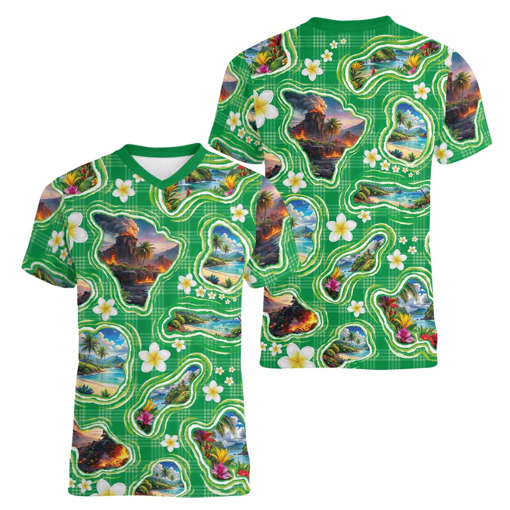 Hawaii Map with Plumeria Flower and Palaka Pattern Women V-Neck T-Shirt Tropical Island Green Design