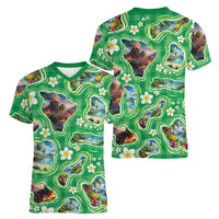 Hawaii Map with Plumeria Flower and Palaka Pattern Women V-Neck T-Shirt Tropical Island Green Design