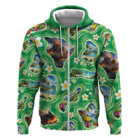 Hawaii Map with Plumeria Flower and Palaka Pattern Zip Hoodie Tropical Island Green Design