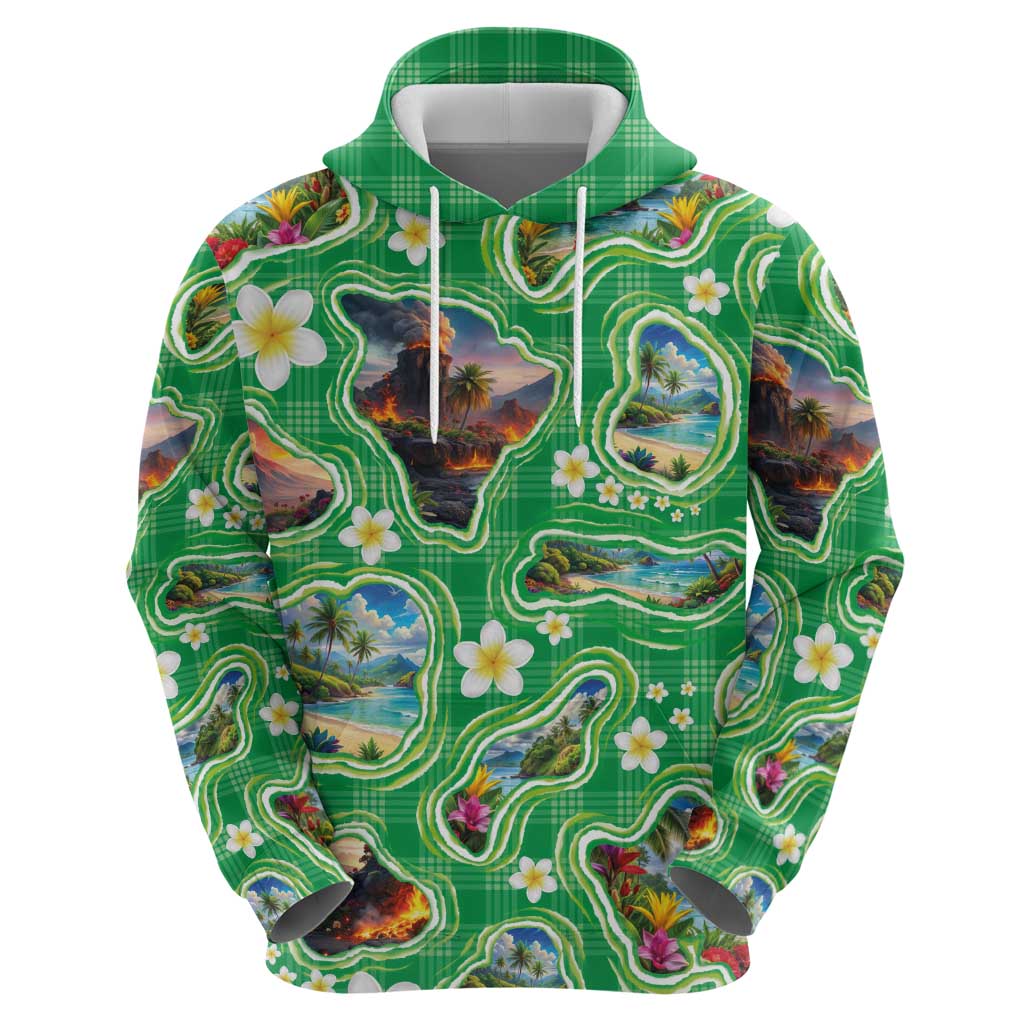 Hawaii Map with Plumeria Flower and Palaka Pattern Zip Hoodie Tropical Island Green Design