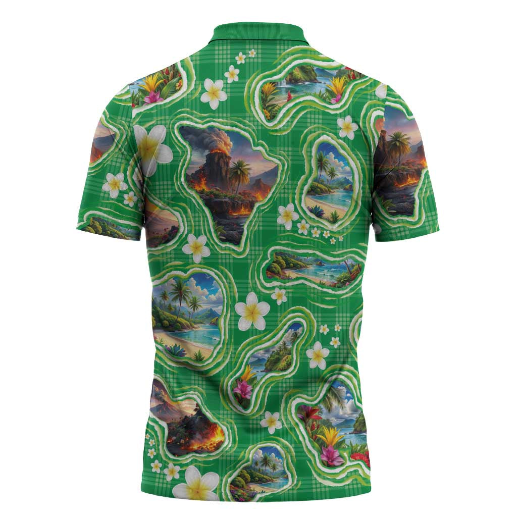 Hawaii Map with Plumeria Flower and Palaka Pattern Zipper Polo Shirt Tropical Island Green Design