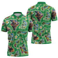 Hawaii Map with Plumeria Flower and Palaka Pattern Zipper Polo Shirt Tropical Island Green Design