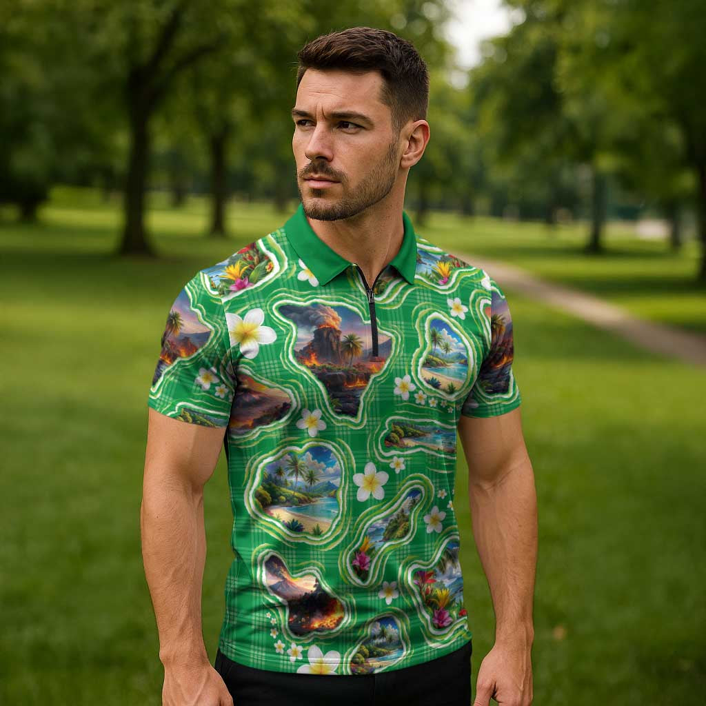 Hawaii Map with Plumeria Flower and Palaka Pattern Zipper Polo Shirt Tropical Island Green Design