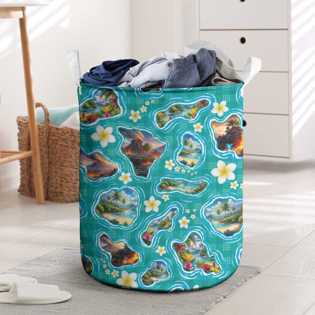 Hawaii Map with Plumeria Flower and Palaka Pattern Laundry Basket Tropical Island Teal Design