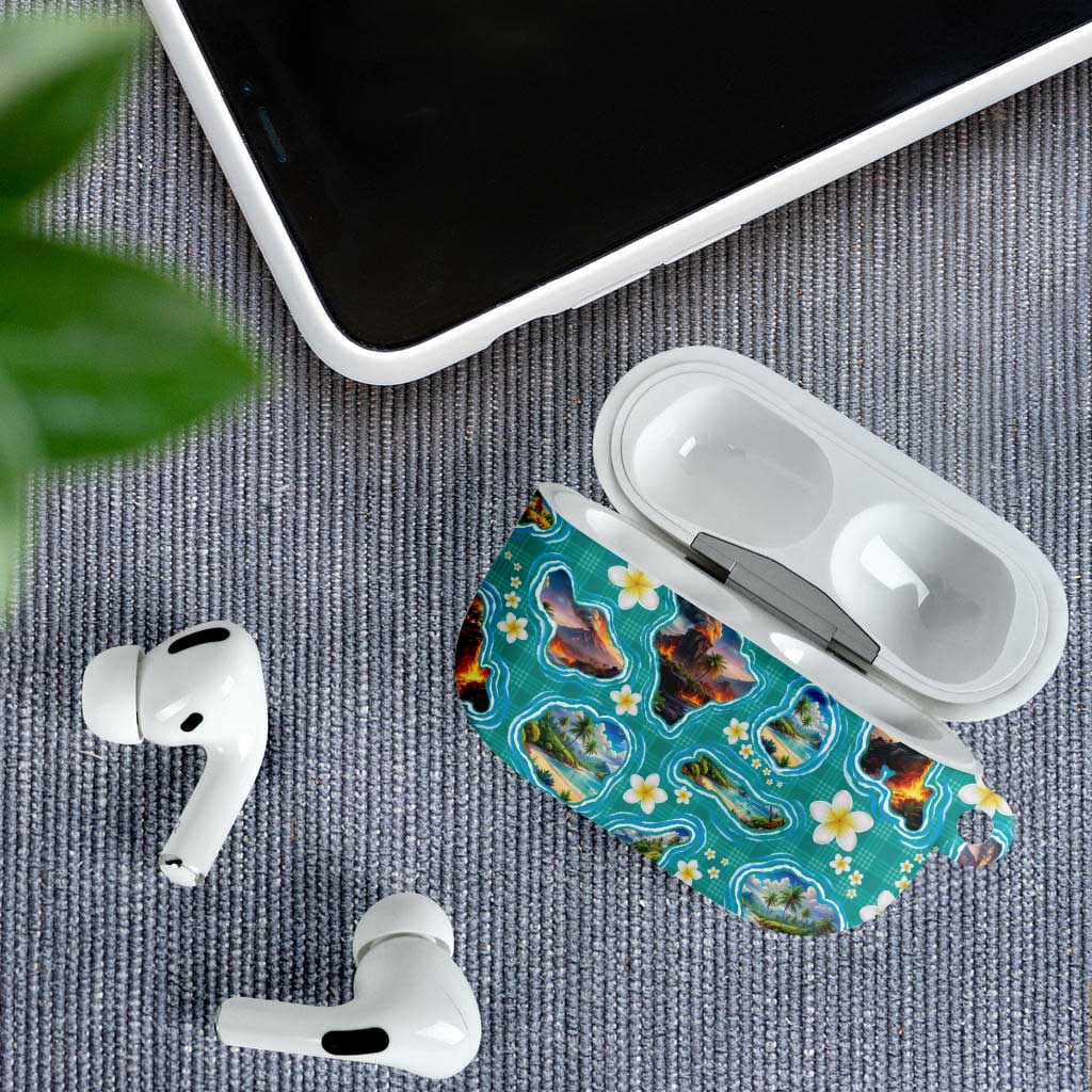 Hawaii Map with Plumeria Flower and Palaka Pattern AirPods Case Tropical Island Teal Design