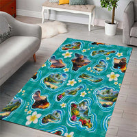 Hawaii Map with Plumeria Flower and Palaka Pattern Area Rug Tropical Island Teal Design