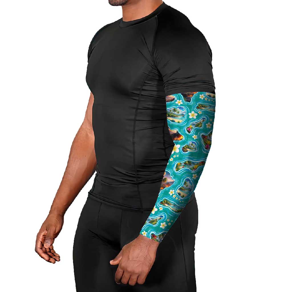 Hawaii Map with Plumeria Flower and Palaka Pattern Arm Sleeves Tropical Island Teal Design