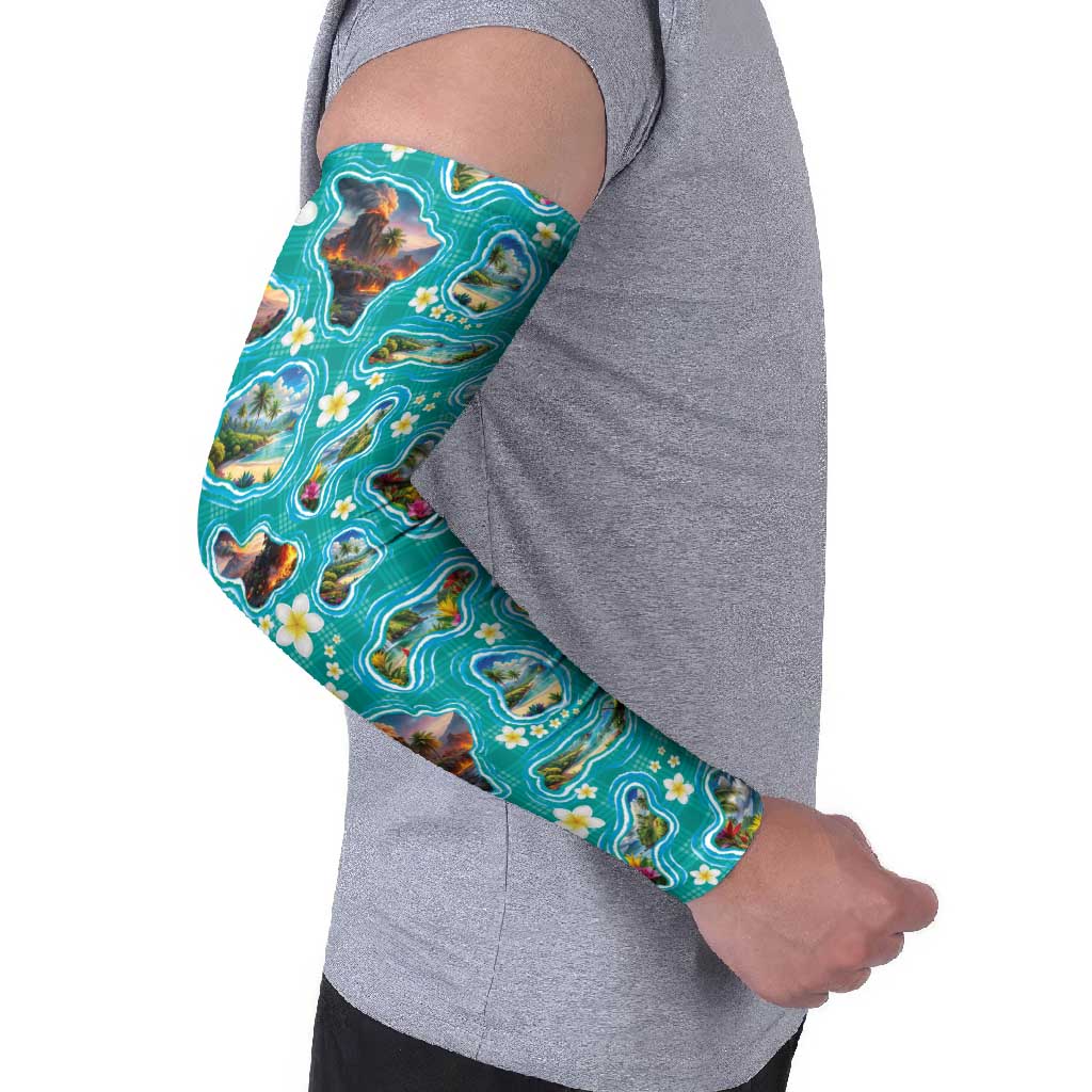 Hawaii Map with Plumeria Flower and Palaka Pattern Arm Sleeves Tropical Island Teal Design