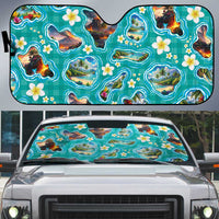 Hawaii Map with Plumeria Flower and Palaka Pattern Auto Sun Shade Tropical Island Teal Design