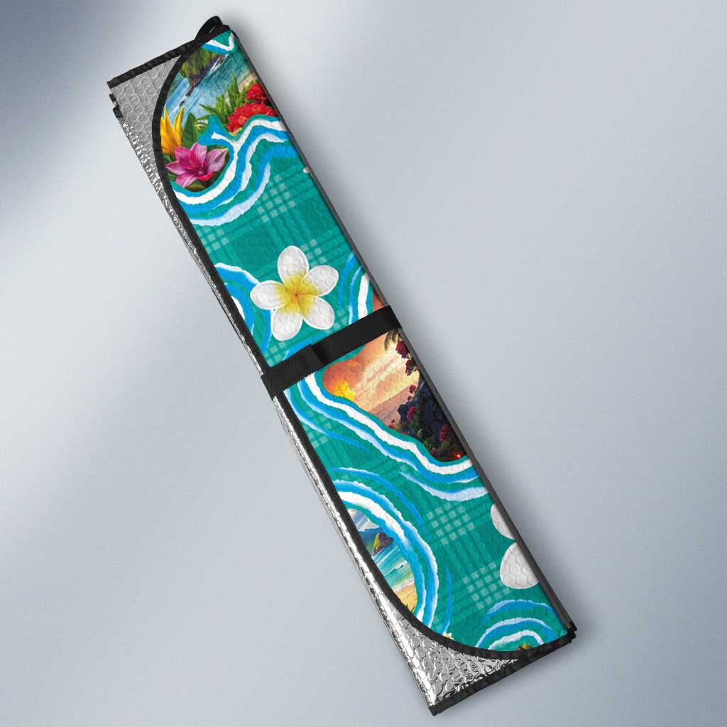 Hawaii Map with Plumeria Flower and Palaka Pattern Auto Sun Shade Tropical Island Teal Design