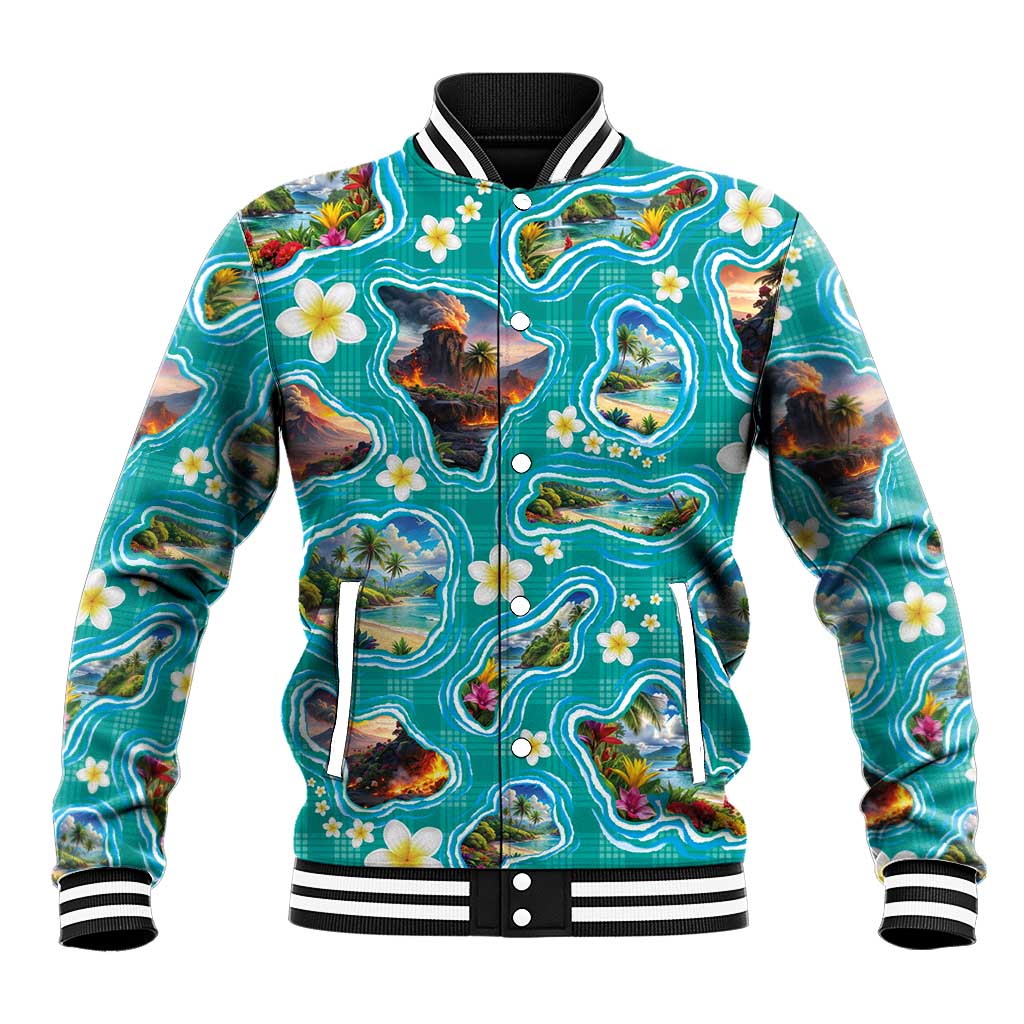 Hawaii Map with Plumeria Flower and Palaka Pattern Baseball Jacket Tropical Island Teal Design