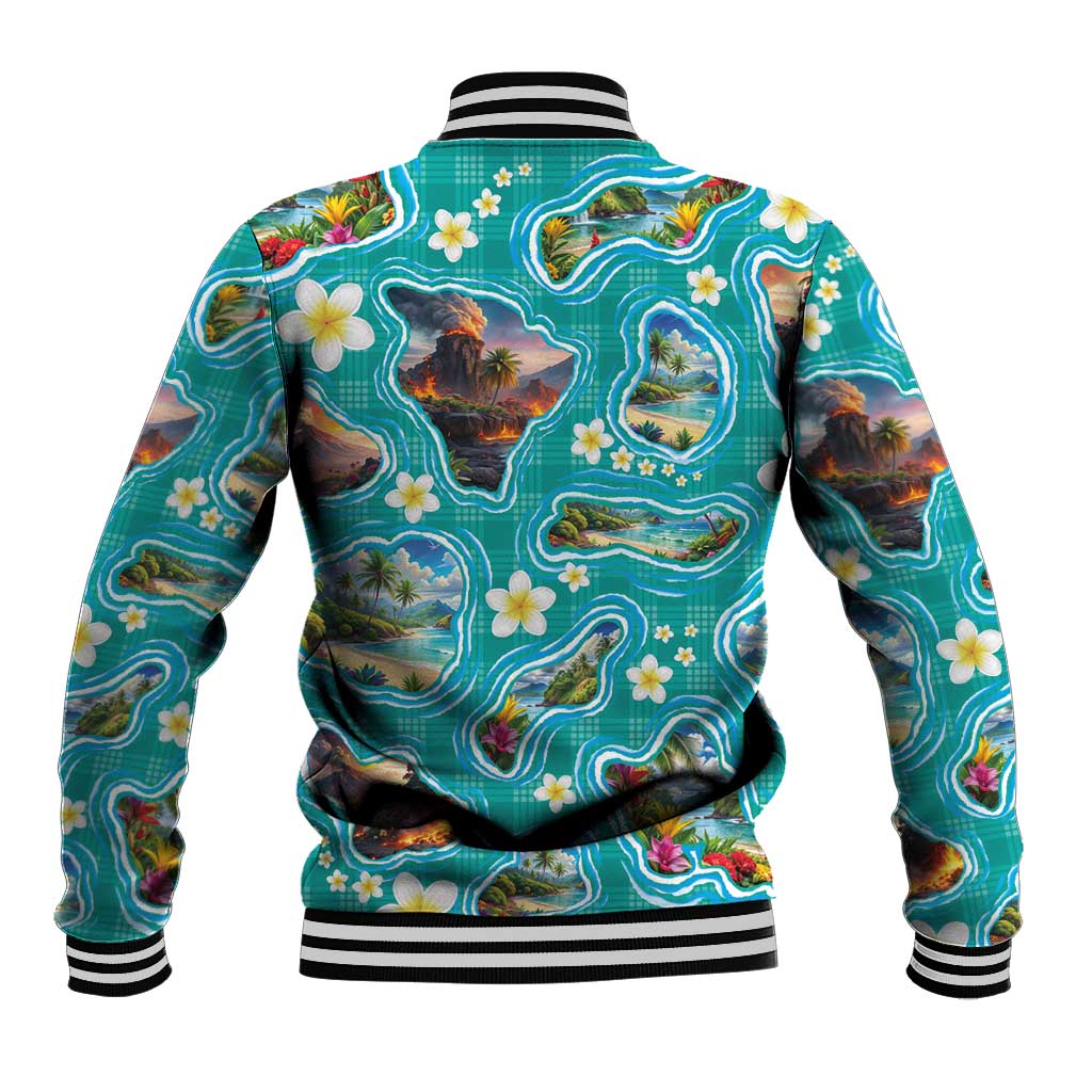 Hawaii Map with Plumeria Flower and Palaka Pattern Baseball Jacket Tropical Island Teal Design