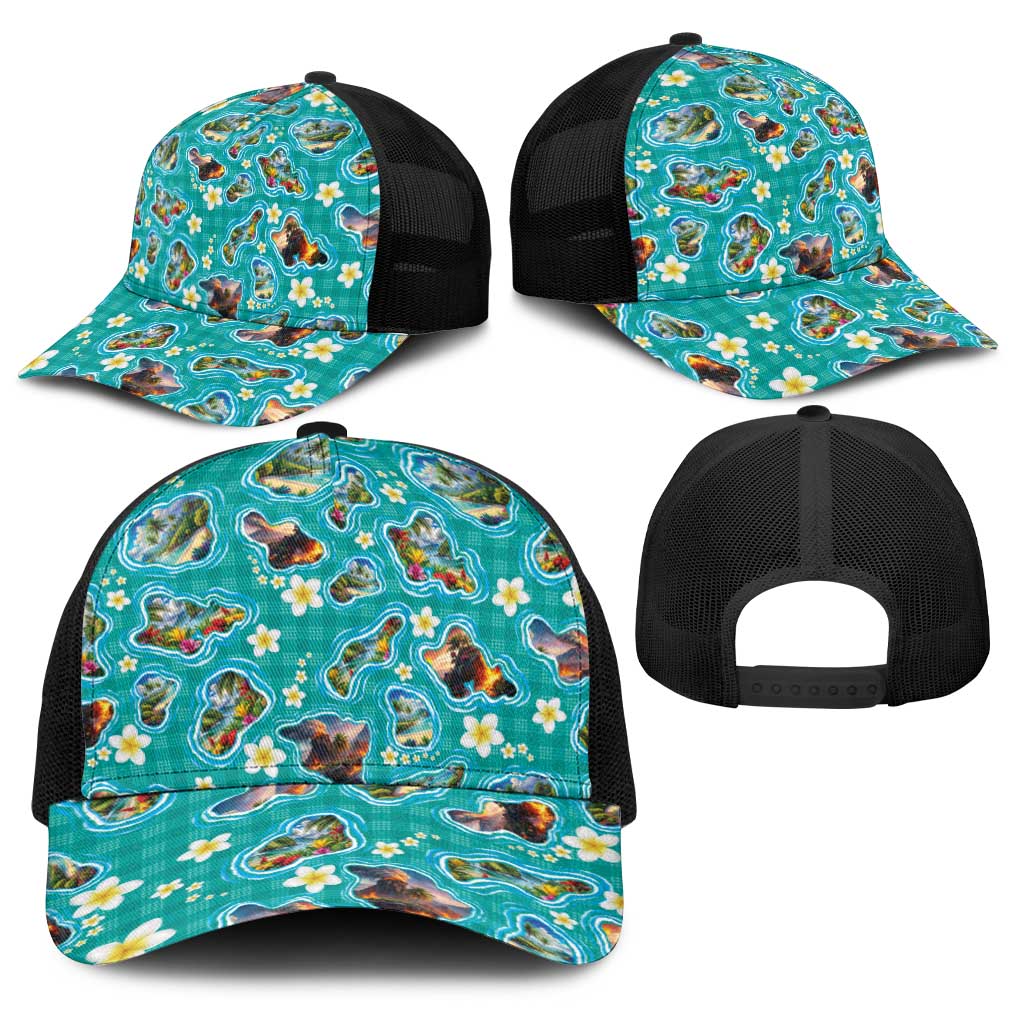 Hawaii Map with Plumeria Flower and Palaka Pattern Baseball Net Cap Tropical Island Teal Design