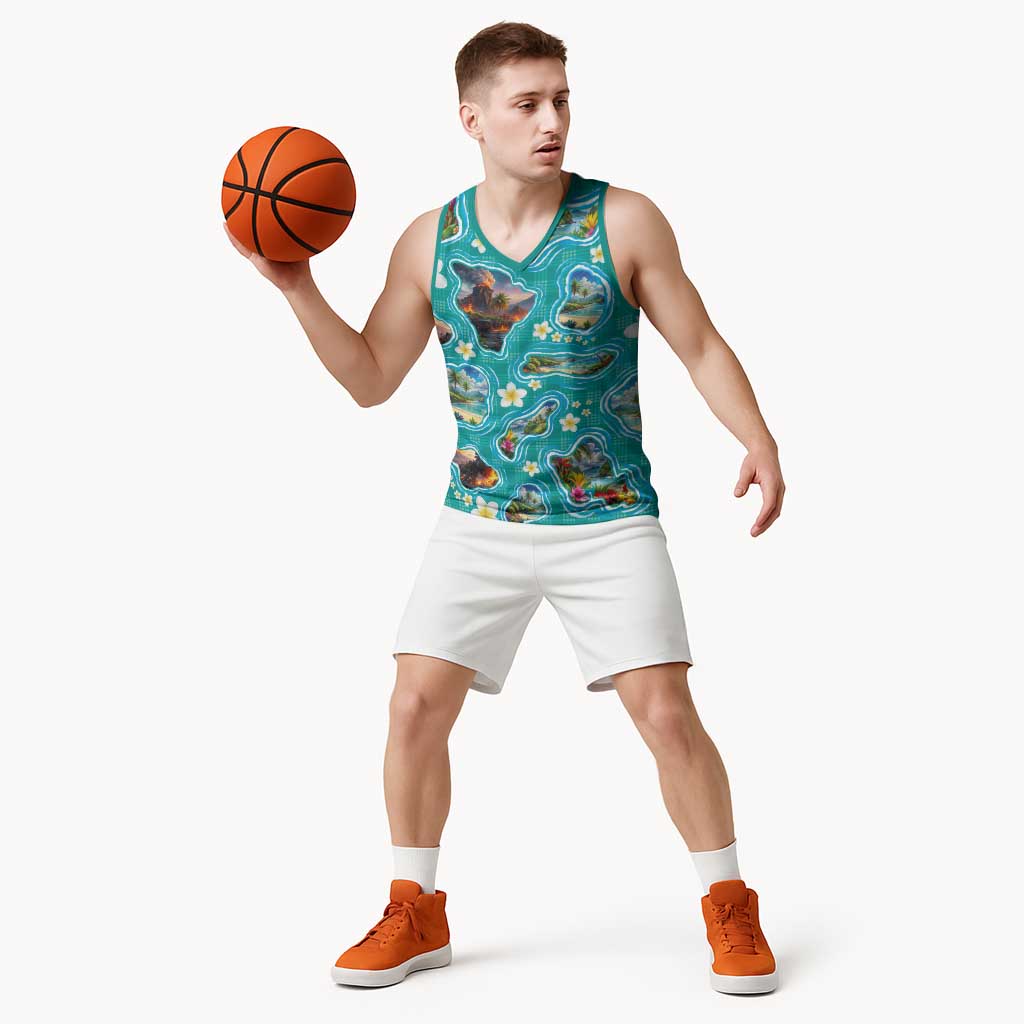 Hawaii Map with Plumeria Flower and Palaka Pattern Basketball Jersey Tropical Island Teal Design