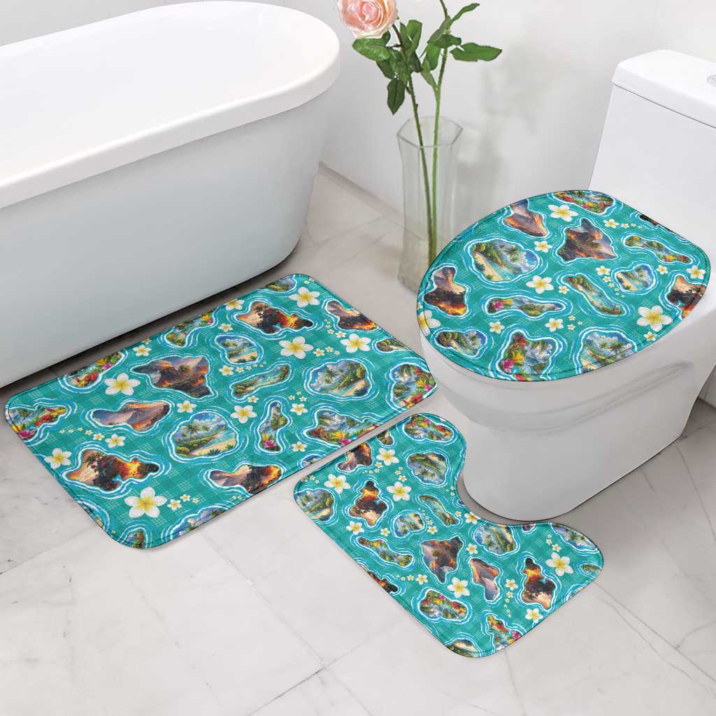 Hawaii Map with Plumeria Flower and Palaka Pattern Bathroom Set Tropical Island Teal Design