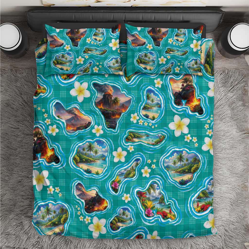 Hawaii Map with Plumeria Flower and Palaka Pattern Bedding Set Tropical Island Teal Design