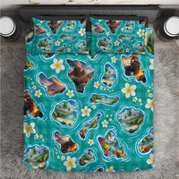 Hawaii Map with Plumeria Flower and Palaka Pattern Bedding Set Tropical Island Teal Design