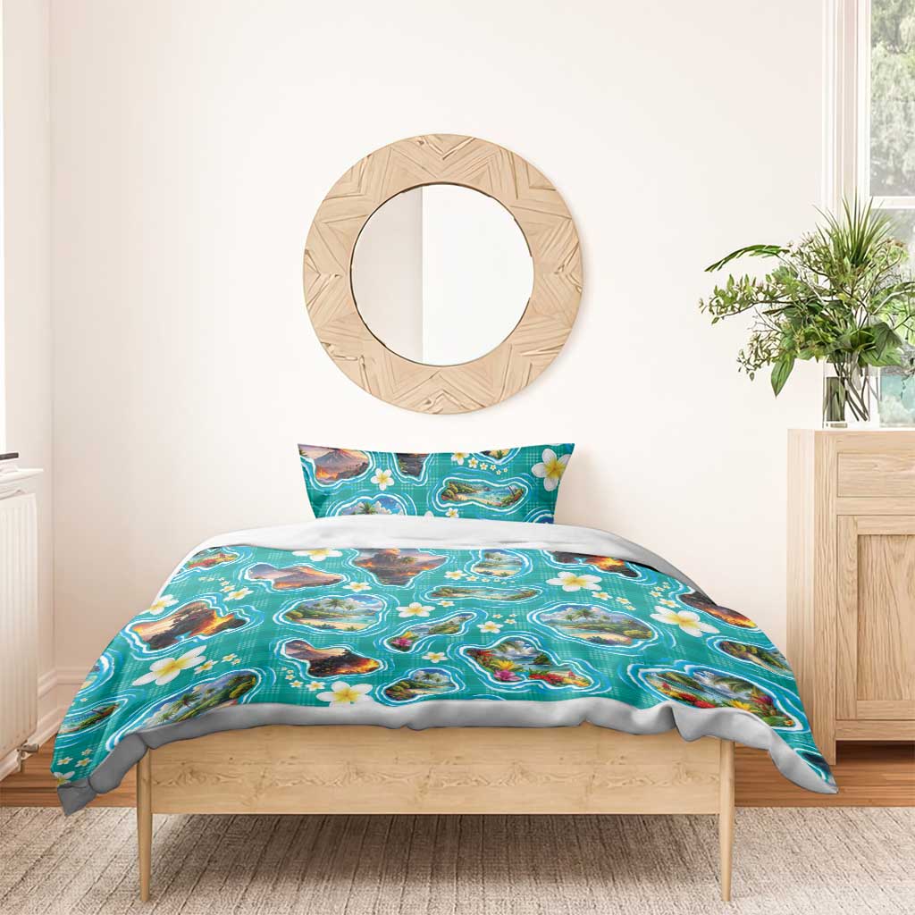 Hawaii Map with Plumeria Flower and Palaka Pattern Bedding Set Tropical Island Teal Design