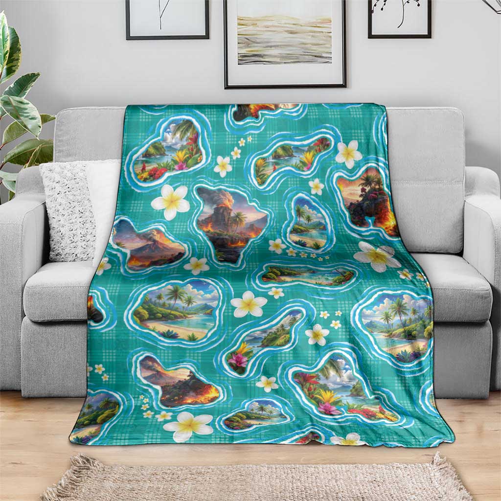 Hawaii Map with Plumeria Flower and Palaka Pattern Blanket Tropical Island Teal Design