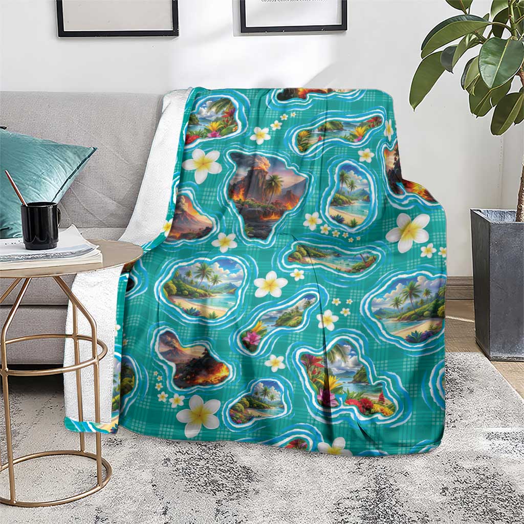 Hawaii Map with Plumeria Flower and Palaka Pattern Blanket Tropical Island Teal Design