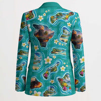 Hawaii Map with Plumeria Flower and Palaka Pattern Blazer Tropical Island Teal Design