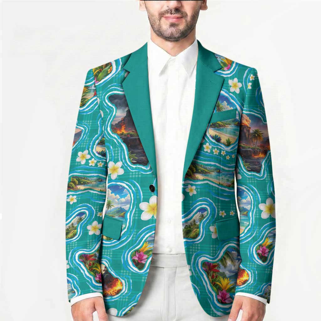Hawaii Map with Plumeria Flower and Palaka Pattern Blazer Tropical Island Teal Design