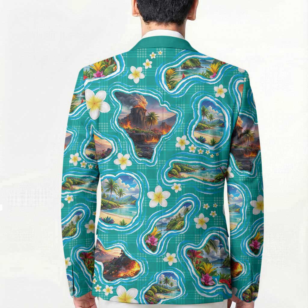Hawaii Map with Plumeria Flower and Palaka Pattern Blazer Tropical Island Teal Design
