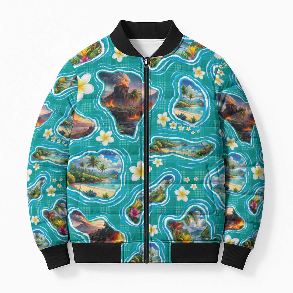 Hawaii Map with Plumeria Flower and Palaka Pattern Bomber Puffer Jacket Tropical Island Teal Design