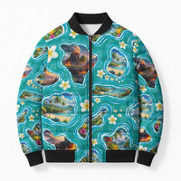Hawaii Map with Plumeria Flower and Palaka Pattern Bomber Puffer Jacket Tropical Island Teal Design