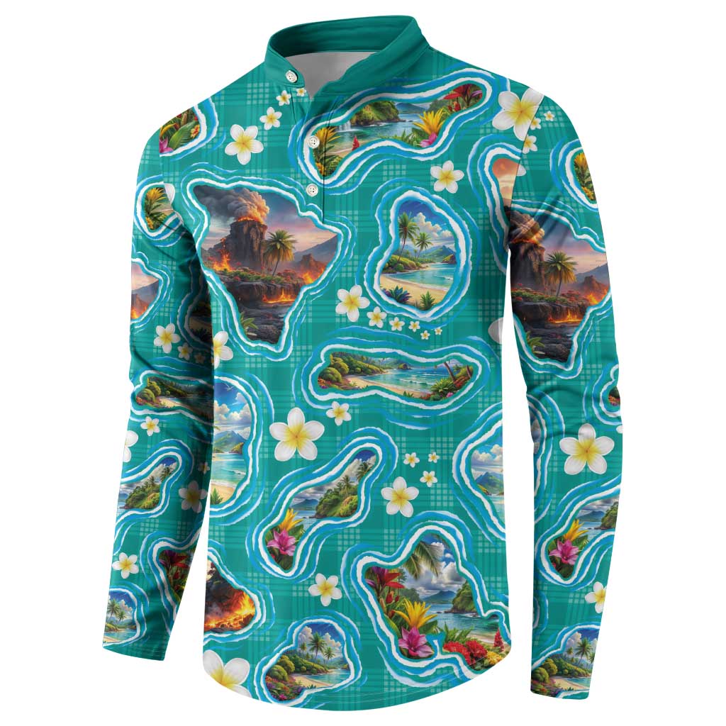 Hawaii Map with Plumeria Flower and Palaka Pattern Button Sweatshirt Tropical Island Teal Design