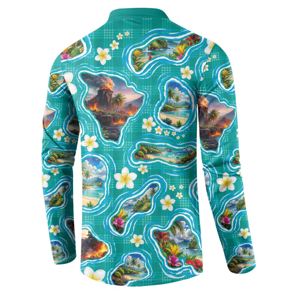 Hawaii Map with Plumeria Flower and Palaka Pattern Button Sweatshirt Tropical Island Teal Design