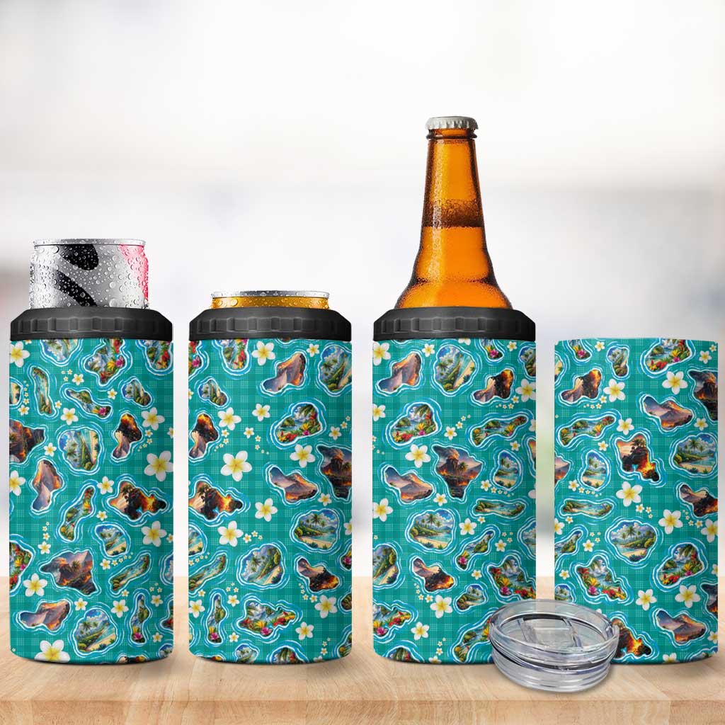 Hawaii Map with Plumeria Flower and Palaka Pattern 4 in 1 Can Cooler Tumbler Tropical Island Teal Design