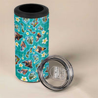 Hawaii Map with Plumeria Flower and Palaka Pattern 4 in 1 Can Cooler Tumbler Tropical Island Teal Design