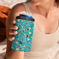 Hawaii Map with Plumeria Flower and Palaka Pattern 4 in 1 Can Cooler Tumbler Tropical Island Teal Design