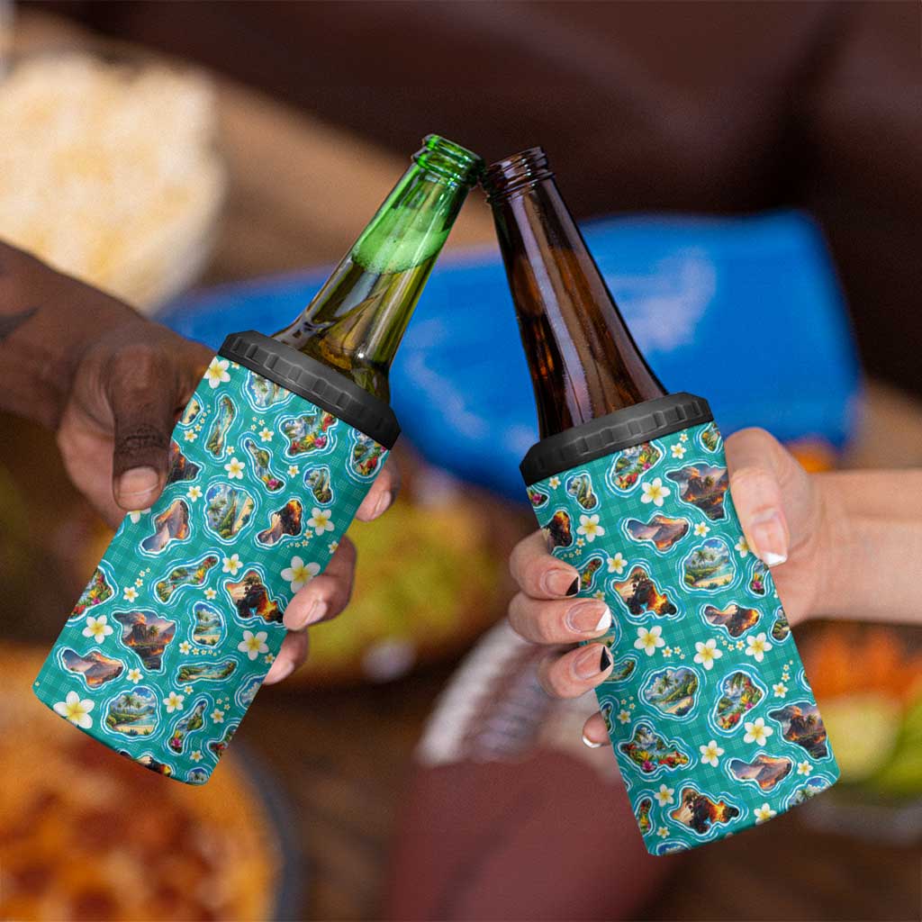 Hawaii Map with Plumeria Flower and Palaka Pattern 4 in 1 Can Cooler Tumbler Tropical Island Teal Design