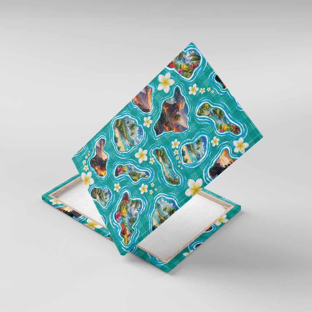 Hawaii Map with Plumeria Flower and Palaka Pattern Canvas Wall Art Tropical Island Teal Design
