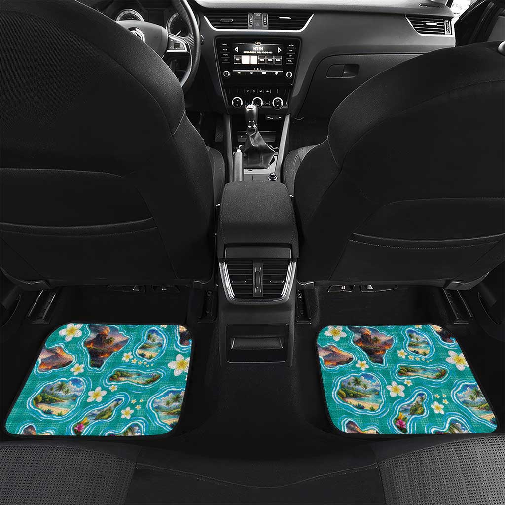 Hawaii Map with Plumeria Flower and Palaka Pattern Car Mats Tropical Island Teal Design