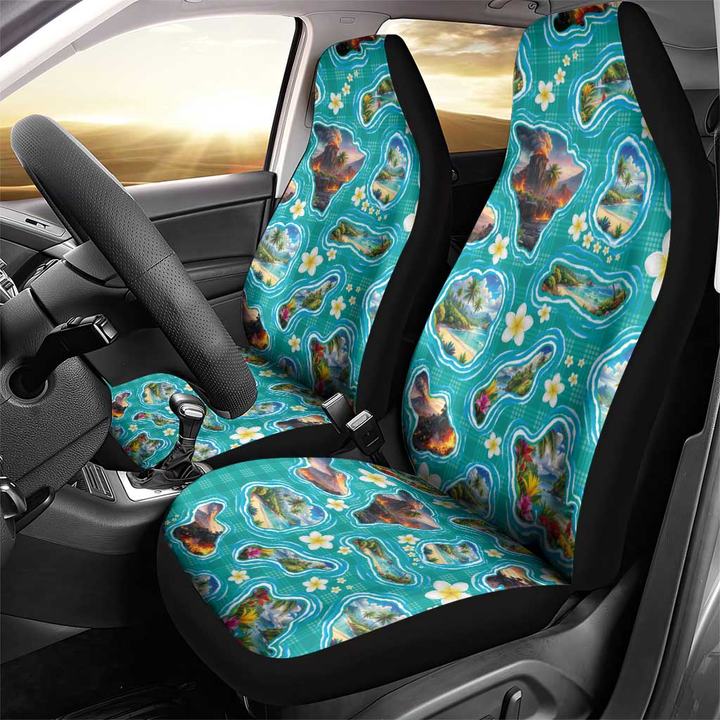Hawaii Map with Plumeria Flower and Palaka Pattern Car Seat Cover Tropical Island Teal Design