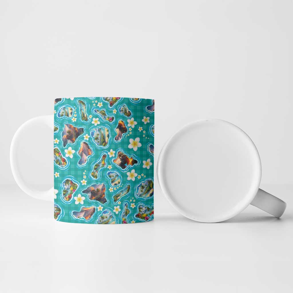 Hawaii Map with Plumeria Flower and Palaka Pattern Ceramic Mug Tropical Island Teal Design