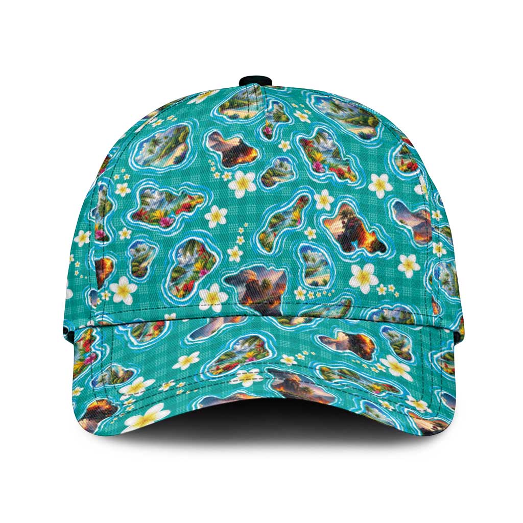 Hawaii Map with Plumeria Flower and Palaka Pattern Classic Cap Tropical Island Teal Design