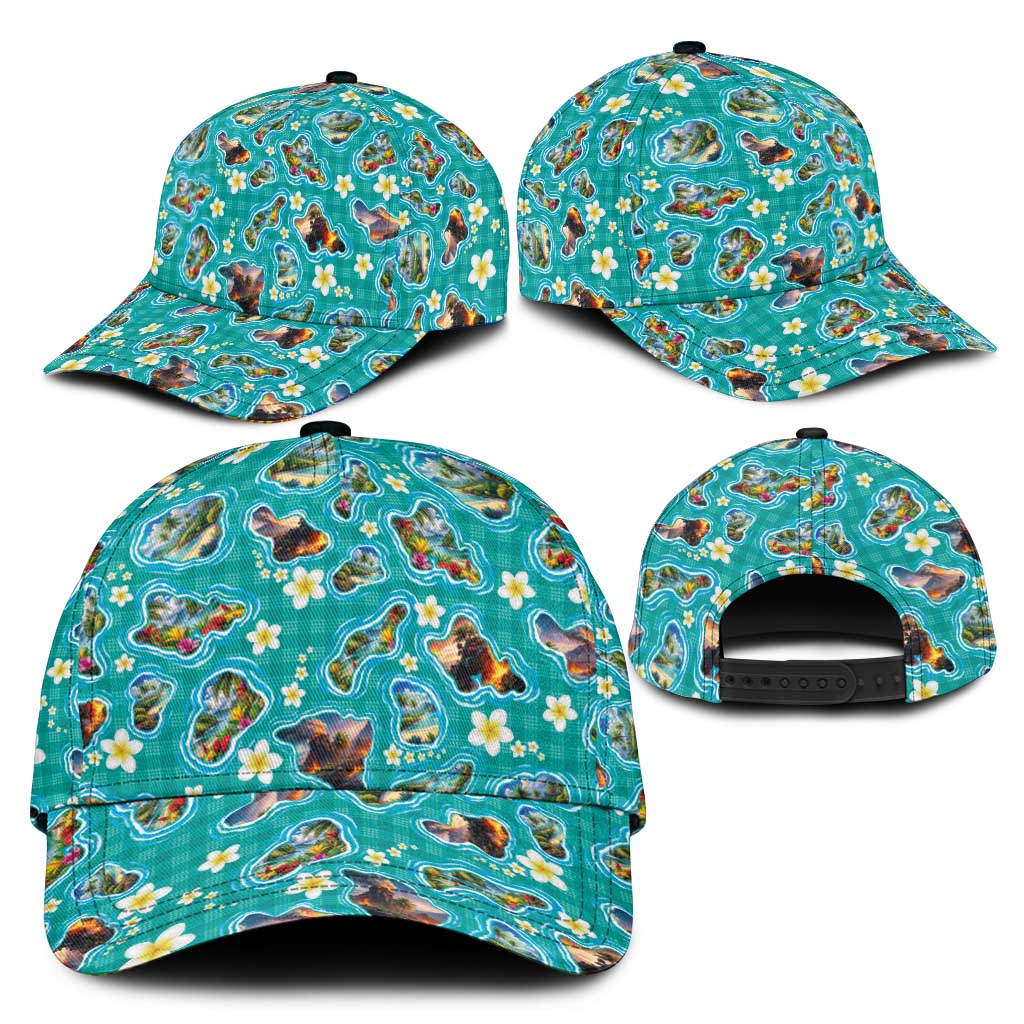 Hawaii Map with Plumeria Flower and Palaka Pattern Classic Cap Tropical Island Teal Design