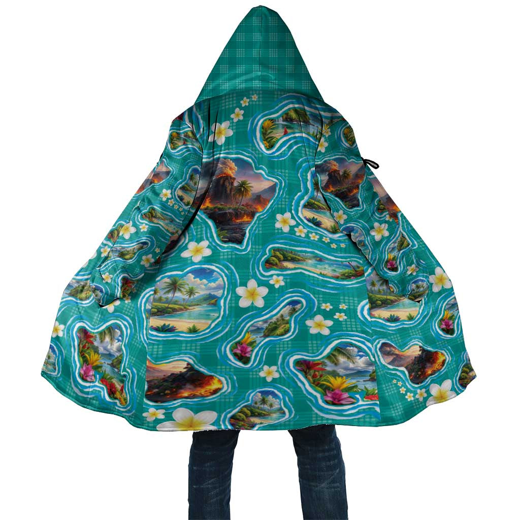 Hawaii Map with Plumeria Flower and Palaka Pattern Cloak Tropical Island Teal Design