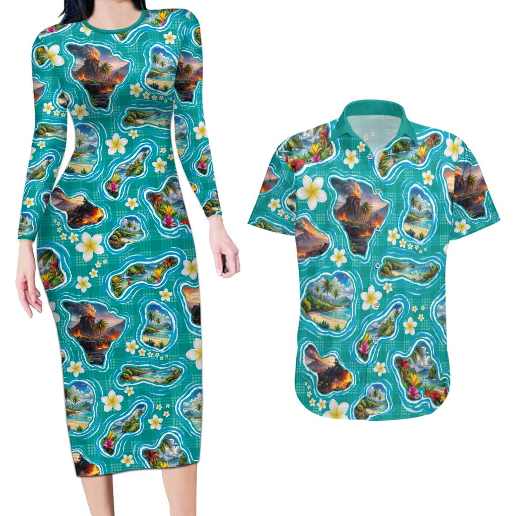 Hawaii Map with Plumeria Flower and Palaka Pattern Couples Matching Long Sleeve Bodycon Dress and Hawaiian Shirt Tropical Island Teal Design LT03 Teal - Polynesian Pride
