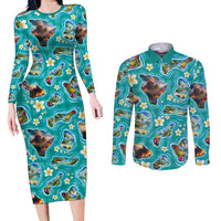 Hawaii Map with Plumeria Flower and Palaka Pattern Couples Matching Long Sleeve Bodycon Dress and Long Sleeve Button Shirt Tropical Island Teal Design